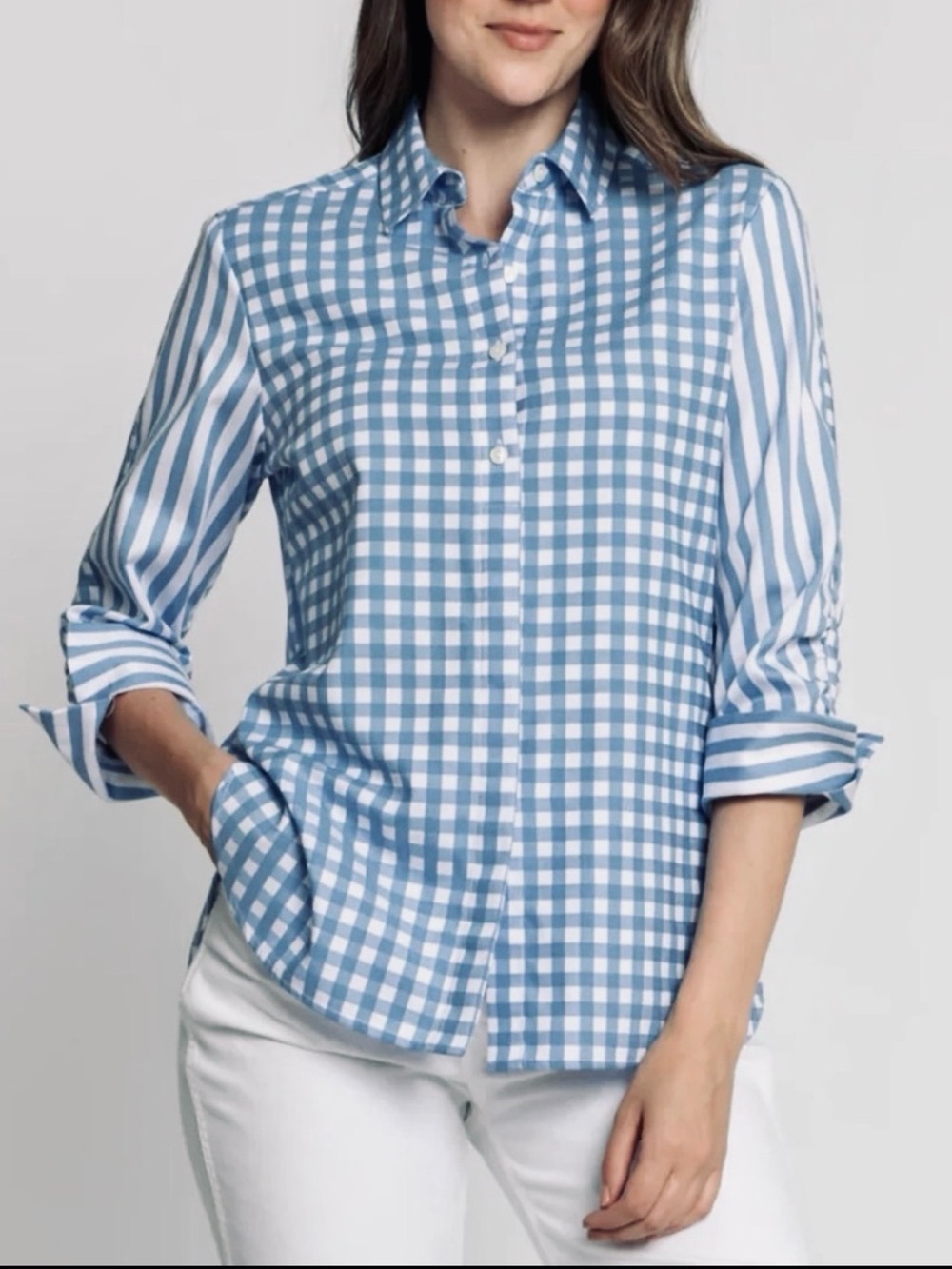 Hinson Wu Zoey 3/4 Ruched Sleeve Cotton Button Down Shirt Blue Gingham|Stripes S